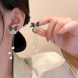 2 in 1 Butterfly Earring for Women Long Rhinestone Black Butterfly Pearl Fringe Earring Vintage Gold Tassel Chain Statement Earring Chic Jewelry Gifts (Black)