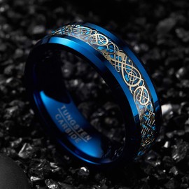 Vakki 8 mm Gold Plated Celtic Dragon Carbide Engagement Ring with Blue Carbon Fibre Background for Men Size Fashion Jewellery Wedding Ring 49 to 72 (15.6 - 22.9), Tungsten, blue