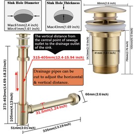 RANDOM Brushed Gold Brass Round Bottle P Trap Kit with Pop Up Drain Stopper without Overflow.RD83888BG-L-S8