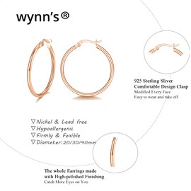wynn's Sterling Silver Hoop Earrings, Silver Hoop Earrings for Women, Big Large Hoop Earrings Sterling Silver, Hypoallergenic Rose Gold Plated Hoops Huggie Hinged Earrings for Women Girls (30mm)