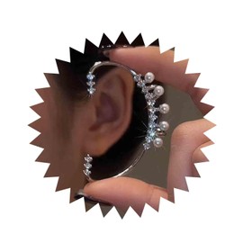 Aneneiceera Vintage Crystal Pearl Earrings Silver Pearl Cuff Earrings Cluster CZ Pearl Clip On Earrings CZ Pearl Cuff Pearl Necklace Earrings Jewellery for Women and Girls (Left), Zinc