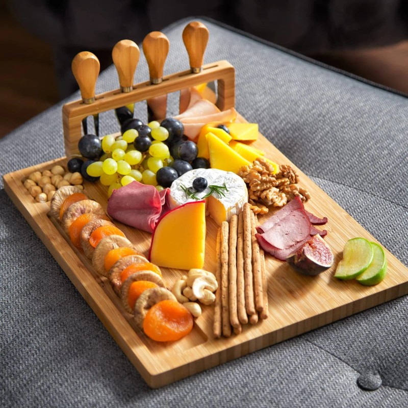 Royalhouse Bamboo Cheese Board And Knife Set 11X14 Charcuterie Tray