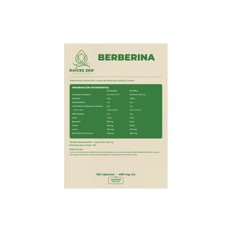 Berberina Canela Cromo 120 Cápsulas Raíces Zen Azúcar Sangre Sin