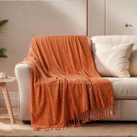 BATTILO HOME Chenille Throw Blanket for Couch, Soft Warm Cozy Knitted Throw Blanket with Tassels, Lightweight Chenille Knit Throw Blanket Suitable All Season(50"x60",Orange)