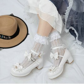 TOKYO GOODS MARKET Large Size Lolita Pumps Bow Strap Lolita Shoes with Ribbon, white