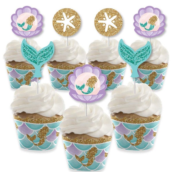 Let's Be Mermaids – Decoración para cupcakes – Baby Shower o fiesta de cumpleaños Cupcake Wrappers and Treat Picks Kit – Juego de 24