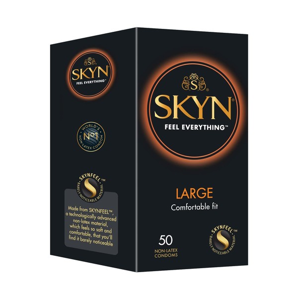 SKYN Large Kondome (50 Stück) |Skynfeel Latexfreie Kondome für Männer, Gefühlsecht Hauchzart, Extra Groß, XXL Grösse Kondome Box, Länger & Breiter, Kondome 56mm Breite