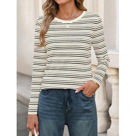 MEROKEETY Women's 2025 Long Sleeve Top Blouse Fall Casual Trendy Colourful Striped Crewneck Loose Shirts, Grey, M