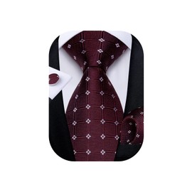 DiBanGu Burgundy Plaid Tie for Men Pocket Square Cufflinks Set Wedding Party