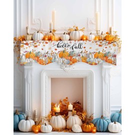 QueenKer Hello Fall Fireplace Mantel Scarf 90" x 17" Thanksgiving Orange Pumpkin Mantel Cover Runner Maple Leaves Mantel Shelf Top Scarf Runner for Holiday Living Room Home Decoration