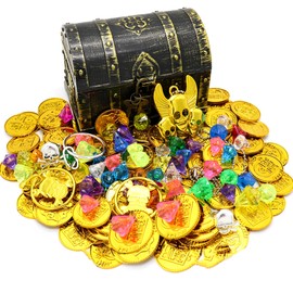 WYFCR Children's Pirate Treasure Chest Toy Box, 100 g Diamonds, 100 Maya Coins, 2 Rings, 2 Earrings and 3 Gold Skull Necklaces, 205 Pieces, for Pirate Themed Party Favours