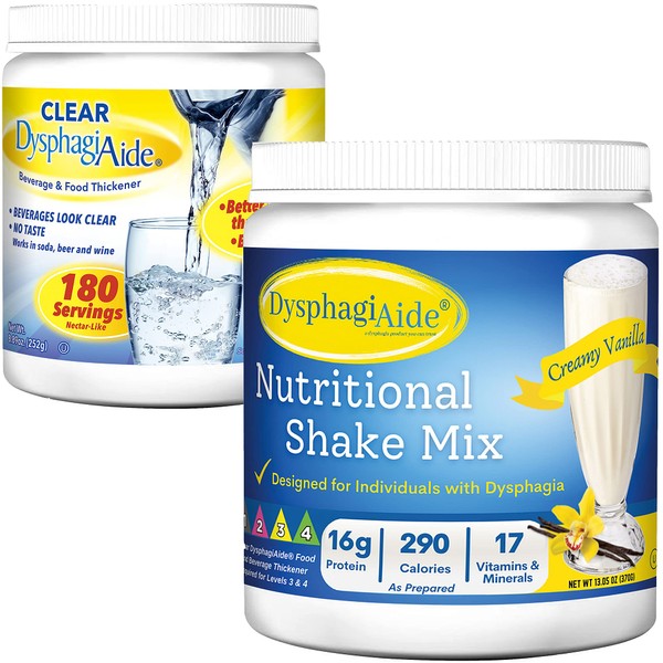 Clear DysphagiAide - Mezcla de polvo espesante (9 onzas) y vainilla Nutrition Shake Protein Powder Mix (12 onzas)