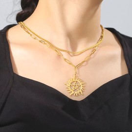 UNIFT Pentagram Sun Wheel Layered Necklace For Women Men Stainless Steel Dainty Chic Sun Sunburst Pentacle Pendant Double Layer Necklace Jewelry Gift (gold 1)