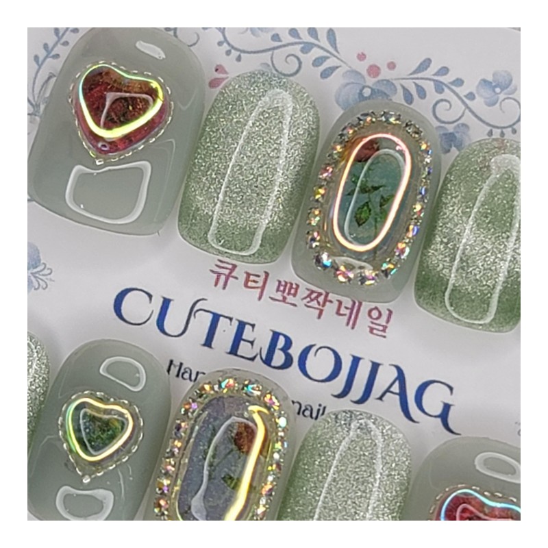 Rose Embed Handmade Nail Tips - Square L / 로즈