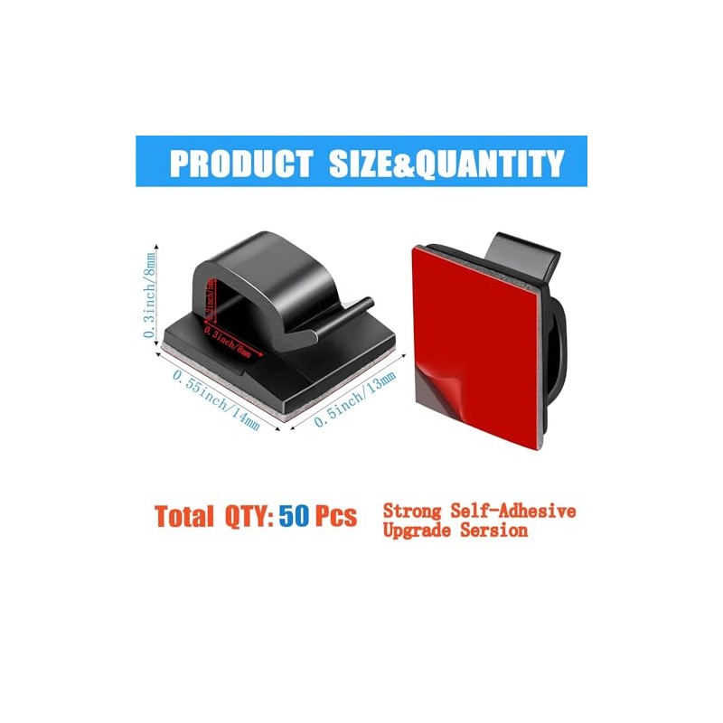 50 Piezas Clips Organizador de Cables Autoadhesivo, Negro, 14 x