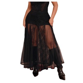 Verdusa Women's Plus Size Lace Mesh Sheer Maxi Skirt Flowy Flared High Waisted Tulle Skirts Black 3X-Large Plus