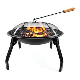 Houjing Outdoor Fire Pits,Portable and Collapsible 22-inch Fire Pit Grill Wood Burning Best for BBQ,Campfire,Bonfire with Smore SticksMesh Cover Spark Screen,black