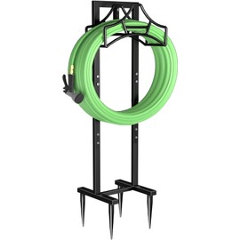Garbuildman Garden Hose Holder With 4 Spikes, Freestanding Metal Hose Stand for Outdoor Garden, Detachable Hose Storage Rack for Lawn & Yard, Shiny Black
