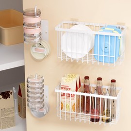4 Pack Adhesive Cabinet Door Organizer - Tumbler Lid Organizer & Kitchen Storage baskets for Kitchen, Bathroom, Inside Cabinet Door Storage for Cup Lids, Spices, Small Supplies, Space-Saving (White)