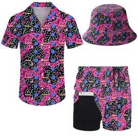 Wdpsuxin Mens 2 Piece Tracksuit Hawaiian Button Down Shirt and Compression Liner Shorts Sets with Bucket Hats, 80sred1, XX-Large
