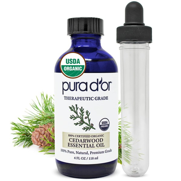 PURA D'OR Organic Cedarwood Essential Oil (4oz with Glass Dropper) 100% Pure & Natural Therapeutic Grade for Hair,Body,Skin,Aromatherapy Diffuser,Relaxation,Massage,Relief,Odors,Home,DIY Soap