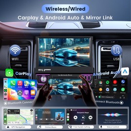 [2G+64G] Android 15 Single Din Flip Out Car Stereo, DAB 7 inch Touchscreen Car Radio with Wireless CarPlay Android Auto, WiFi, Bluetooth, FM/RDS Radio, DSP, Mirror Link, Double USB, SWC+ Camera
