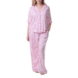 Karen Neuburger Women's Plus Size Girlfriend Notch Collar Elbow Length Sleeve Top and Pant Bottom Pajama Set, Rose Bloom