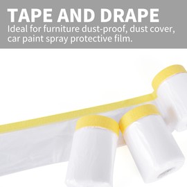 TAPEBEAR Pre-Taped Masking Film, Tape and Drape, Plastic Sheeting Roll, Automotive Painters Masking Tape Film, Plastic Sheeting Cover for Appliance, Car, 22inch X 65feet, 3Rolls
