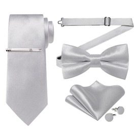 DiBanGu Mens Silver Tie and Silver Bowtie Pocket Square Cufflinks Tie Clip Satin Necktie Bow Tie Set Business Wedding