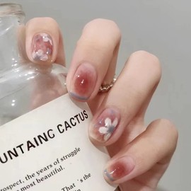 Nail Tips, Short 24 Pieces, Pink, Nail Tip, Popular, 3D Nails, False Nail Nails, Harajuku, Japanese Style, Dreamy, Handmade Nail Tips, Coming of Age Ceremony, Beautiful Decoration, Wedding Yokimo (#4 - Pink Flower Language)
