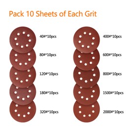 Sanding Discs Pads,SPTA 100Pcs 125mm Orbital Sander Discs, Hook and Loop 40# 80#,120#,180#,320#,400#,600#,800#,1500#,2000# Grits 8-Holes Sandpaper For Random Orbital Sander-SDPS5M100