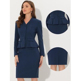 Allegra K Business Suit Sets for Women's 2 Piece Outfits Collarless Peplum Blazer Formal Pencil Skirt Suit Medium Dark Blue