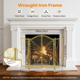 BEAMNOVA Gold Fireplace Screen with Door, 50 x 36 in 3 Panel Arched Mesh Freestanding Iron Stand, Rustic Vintage Butterfly Design, Spark Guard for Indoor Fireplace & Outdoor Fire Pit