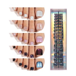 150Pcs Cat Eye Toe Nail Tips, Plauva Toe Press on Nails, 5 Colors Glossy Glitter Cat Eye Fake Nails, Soft Gel Stick On Nails for Women and Girls 15 Sizes