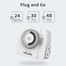 TiFFCOFiO Indoor Mechanical Light Timer, 3 Prong Plug in Timer Switch, 2 Grounded Outlets for Lamps Indoor, ETL Listed,15A/1875W