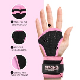 OHMY FIT Strong Women's Wrist Wrap Gloves - Wrist Support and Palm Protection Glove - Crossfit Grips - Training Accessories Great for Workout, Weight Lifting, Pilates, Yoga & More (Large, Pink)