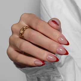 KQueenest Red French Tip Press On Nails Short Almond, 30 Pcs Acrylic Press On Nails With Glue, Glossy Soft Gel Short Fake Nails Press ons, Reusable Natural Nude Glue on Nails for Women Weddings