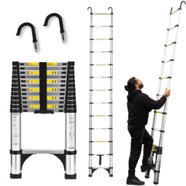 Telescoping Ladder, 12.5 FT Aluminum Lightweight Extension Ladder with 2 Stable Hooks, 2 Triangle Stabilizers & Non-Slip Feet, Heavy Duty 330 Lbs Max Capacity, Ideal for Home, RV & Outdoor Work