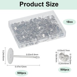 SOFPLATE 1 Box 1000Pcs 6mm Silver Earring Posts Stainless Steel Stud Earring Findings Hypoallergenic Flat Pad Earring Studs with Ear Back Round Blank Earring Studs for Jewellery Making Supplies Craft