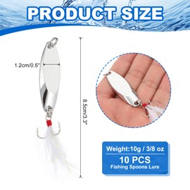 PATIKIL Fishing Spoons, 10 Pcs 3/8 oz Fishing Lures Casting Spoon Treble Hooks Jigs Hard Metal Spinner Baits for Freshwater Saltwater Salmon, Silver Tone