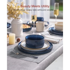 Famiware Star Dinnerware Set, Plates and Bowls Sets for 4 (12pcs), Ribbed Stoneware Dishes - Chip & Scratch Resistant, Microwave & Dishwasher Safe, Multicolor - Cappuccino White & Nebulas Blue