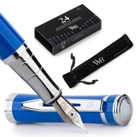 Wordsworth & Black Fountain Pen Set, Medium Nib, Includes 24 Pack Ink Cartridges, Ink Refill Converter & Gift Pouch, Chrome Finish, Calligraphy, [Imperial Blue], Perfect for Men & Women