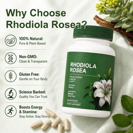 Rhodiola Rosea Organic Supplement—Adapted Herbal Formula Helps Relieve Stress, Improve Mental Clarity, Focus, Replenish Natural Energy, and Boost Immunity—Non-GMO, 60 Capsules