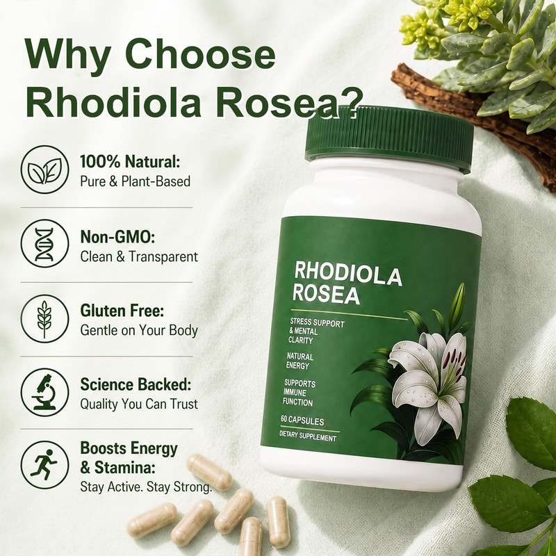 Rhodiola Rosea Organic Supplement—Adapted Herbal Formula Helps Relieve Stress, Improve