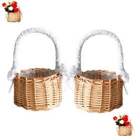Dtoterul Flower Basket Wedding Pack of 2 Mini Braided Flower Basket Small Wicker Basket Rattan Basket Scatter Basket Woven Baskets Fruit Basket Handle Basket Storage Basket for Wedding Table
