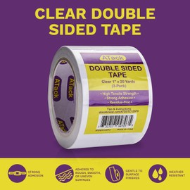 ATack Clear Double-Sided Tape, 1 Inch x 20 Yards (3-Pack), Tear by Hand, Wall Safe Heavy Duty Double Sides Self Sticky Wall Fabric Tape for Wood Templates, Furniture, Leather, Curtains and Craft