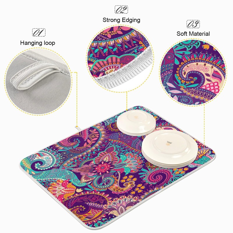 Kcldeci Indian Bohemian Mandala Dish Drying Mat Absorbent Reversible Microfiber