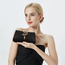 Venoline Women's Formal Evening Clutch Purse Synthetic Leather with Snake Clasp, Detachable Strap for Wedding, Prom, Party,Black