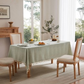 YZJZEDS - Mantel de lino con borlas, estilo granja verde claro, manteles de arpillera resistentes al agua para mesa cuadrada, 60 x 84 pulgadas, color café claro