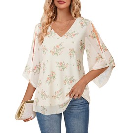 Vafoly Blouse Women's Elegant Short Sleeve Summer Tunic V-Neck Mesh Top Flowers Double Layer Tunic, Orange flower, L